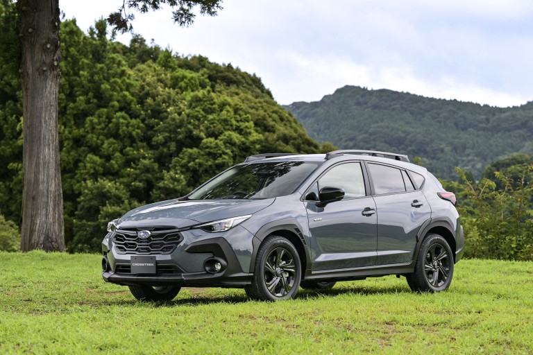 The Subaru Crosstrek presents a compact body with a rugged and sporty design.