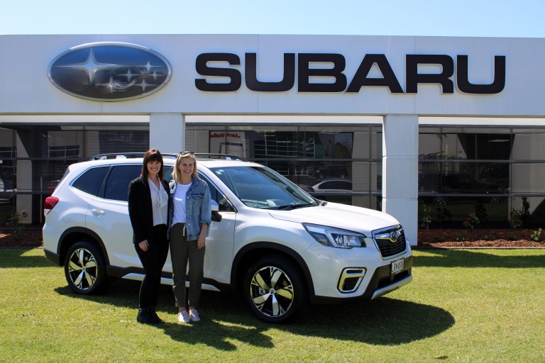Subaru of New Zealand Marketing Manager Daile Stephens hands over the 2019 Subaru Forester to new brand ambassador Matilda Rice.