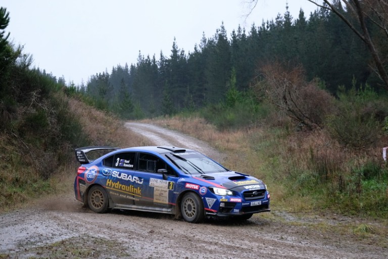 CAPTION Ben Hunt and Tony Rawstorn, in the Subaru WRX STi, on their way to second place in the third round of the Brian Green Property Group New Zealand Rally Championship in June. PHOTO: GEOFF RIDDER.