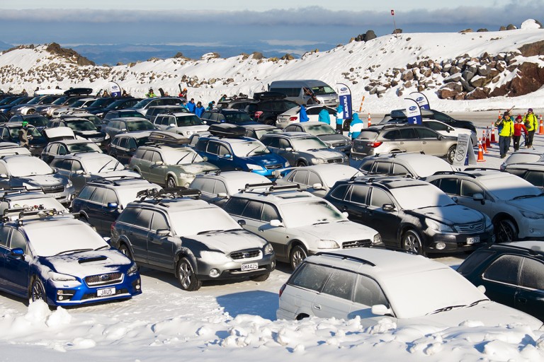 Two hundred Subarus in the top carpark at Turoa skifield for the Subaru Top Weekend last year. PHOTO CREDIT: PAUL BRUNSKILL 