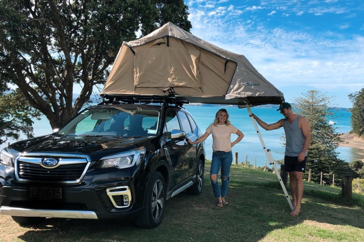 Art and Matilda Green camping with their Subaru Forester.