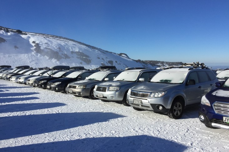 Subaru vehicles at Turoa ski area covered in now. 