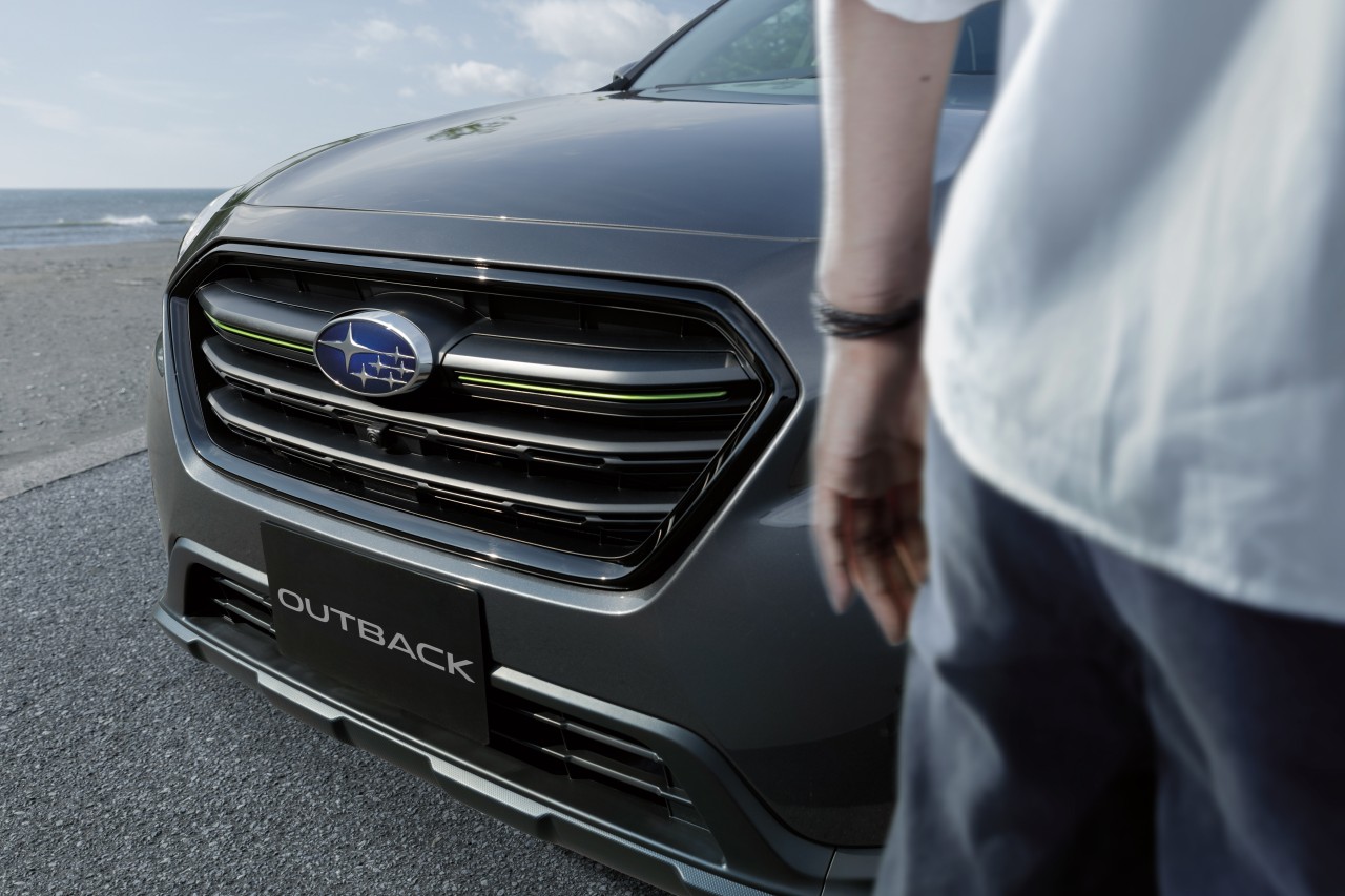 A black grille, with green accents is all part of the Subaru Outback X's appeal.