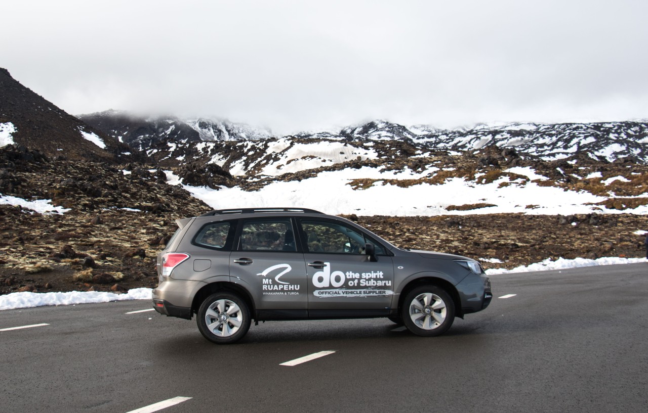 A Subaru Forester driven by RAL staff as part of the two mountains' partnership with Subaru of New Zealand, displays the 2017 sign writing.