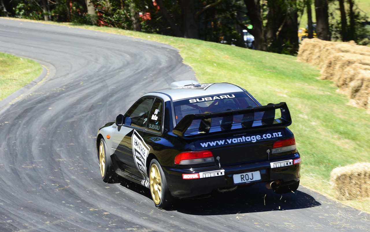 Alister McRae storms up the Leadfoot Festival driveway in the Vantage Motorsport Subaru WRX to record the winning time of 49.43secs today. PHOTO: GEOFF RIDDER.