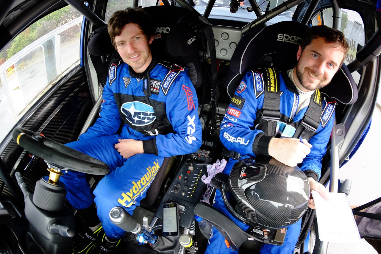 Subaru driver Ben Hunt (left) and co-driver Tony Rawstorn inside the cabin of the Subaru WRX STi. PHOTO: GEOFF RIDDER.