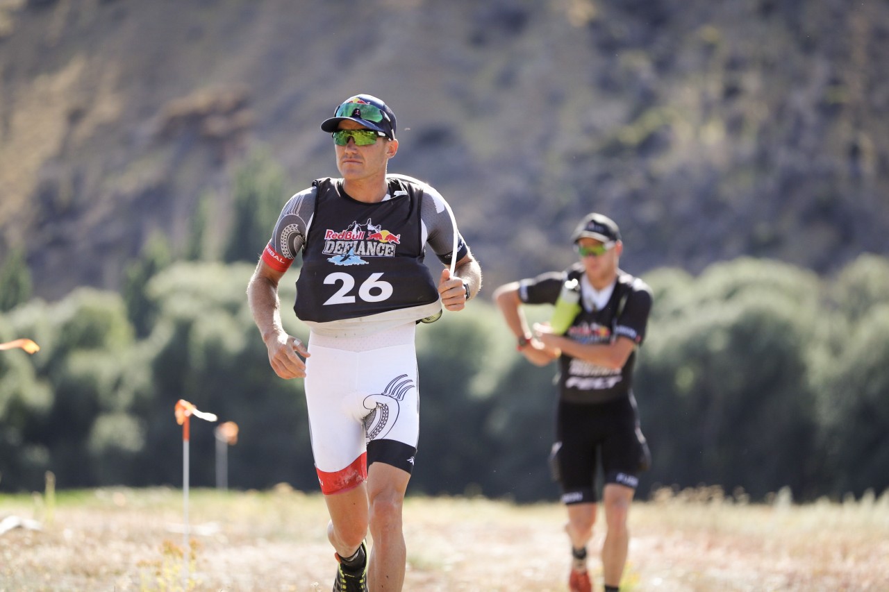 Subaru Brand Ambassador Braden Currie (front) runs through part of the Red Bull Defiance course in Wanaka this weekend, with team mate Dougal Allan. PHOTO: GRAEME MURRAY.