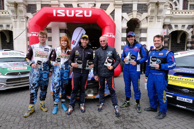 NZRC podium place-getters (from left) Matt and Nicole Summerfield in third; winners Hayden Paddon and John Kennard and runners-up Ben Hunt and Tony Rawstorn. PHOTO: GEOFF RIDDER