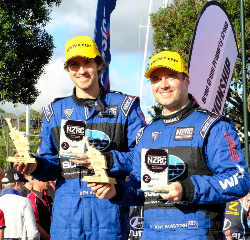 Ben Hunt (left) and Tony Rawstorn with their second-placed trophies from the ENOS International Rally of Whangarei today. PHOTO: GEOFF RIDDER.