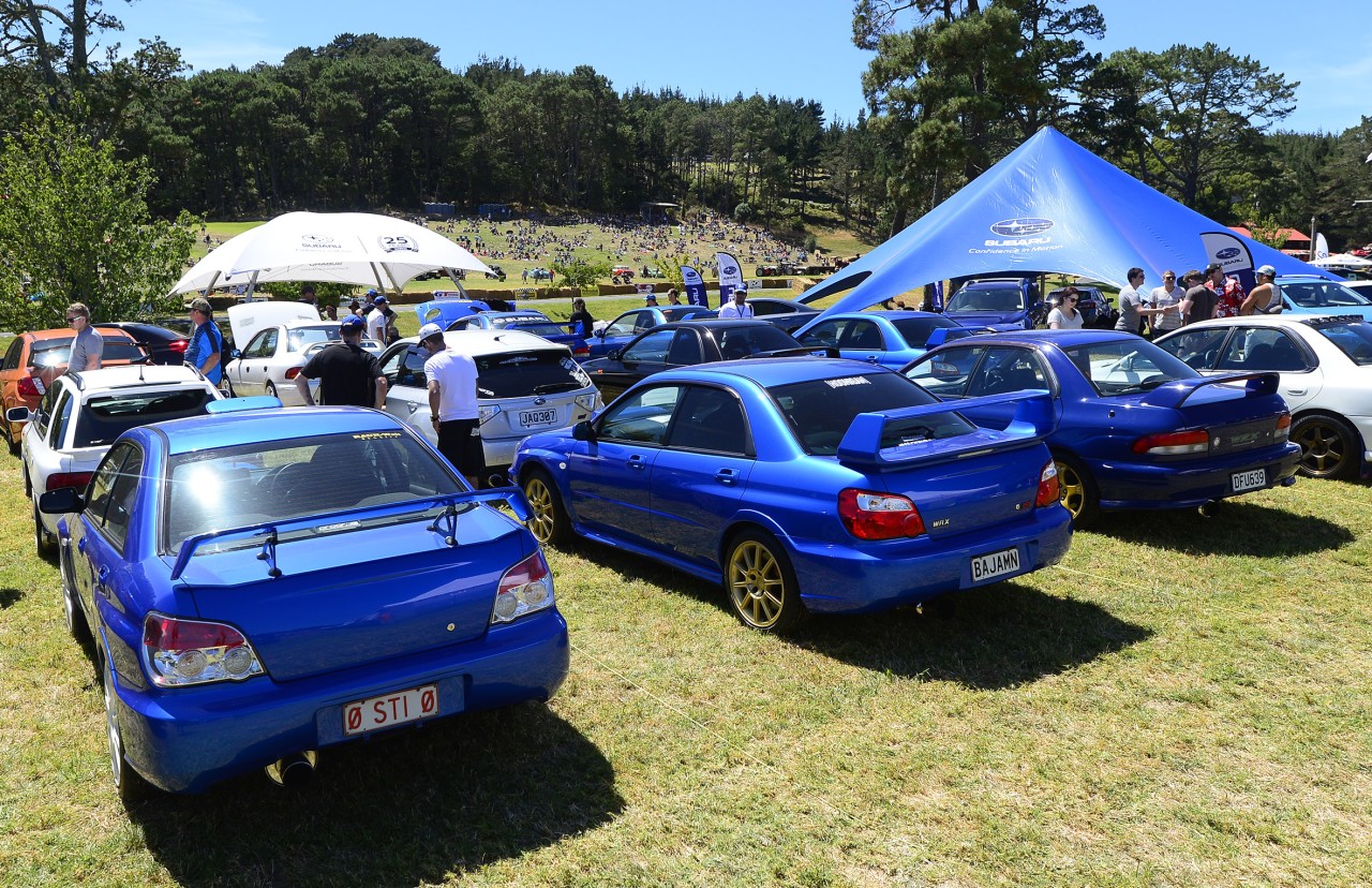The 25 best WRX competition winners line-up beside the Subaru display tent at the Leadfoot Festival. PHOTO: GEOFF RIDDER