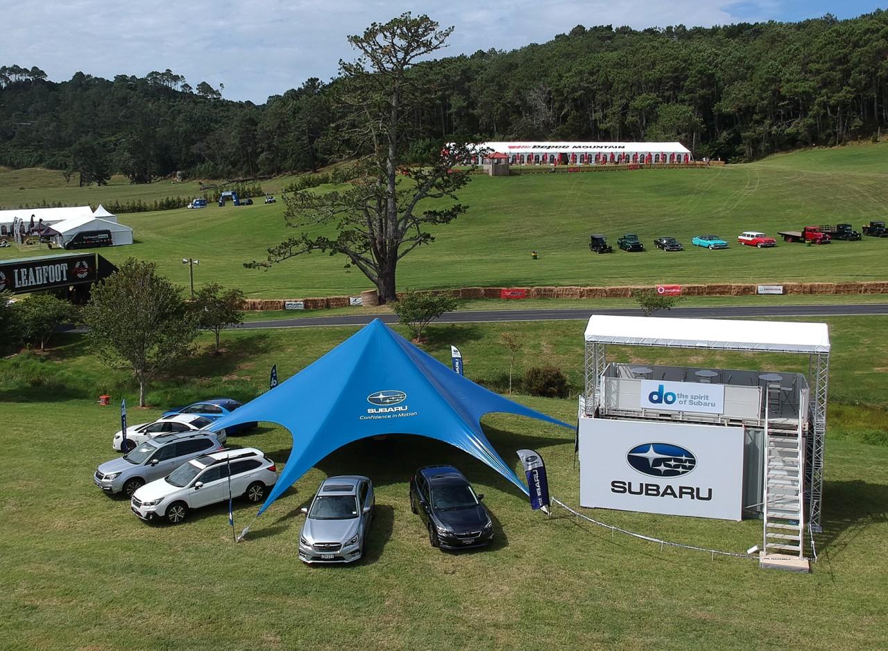 The Subaru tent with the full Subaru model range and the new two-storied viewing platform all set up on Friday before the Leadfoot Festival. PHOTO: GEOFF RIDDER