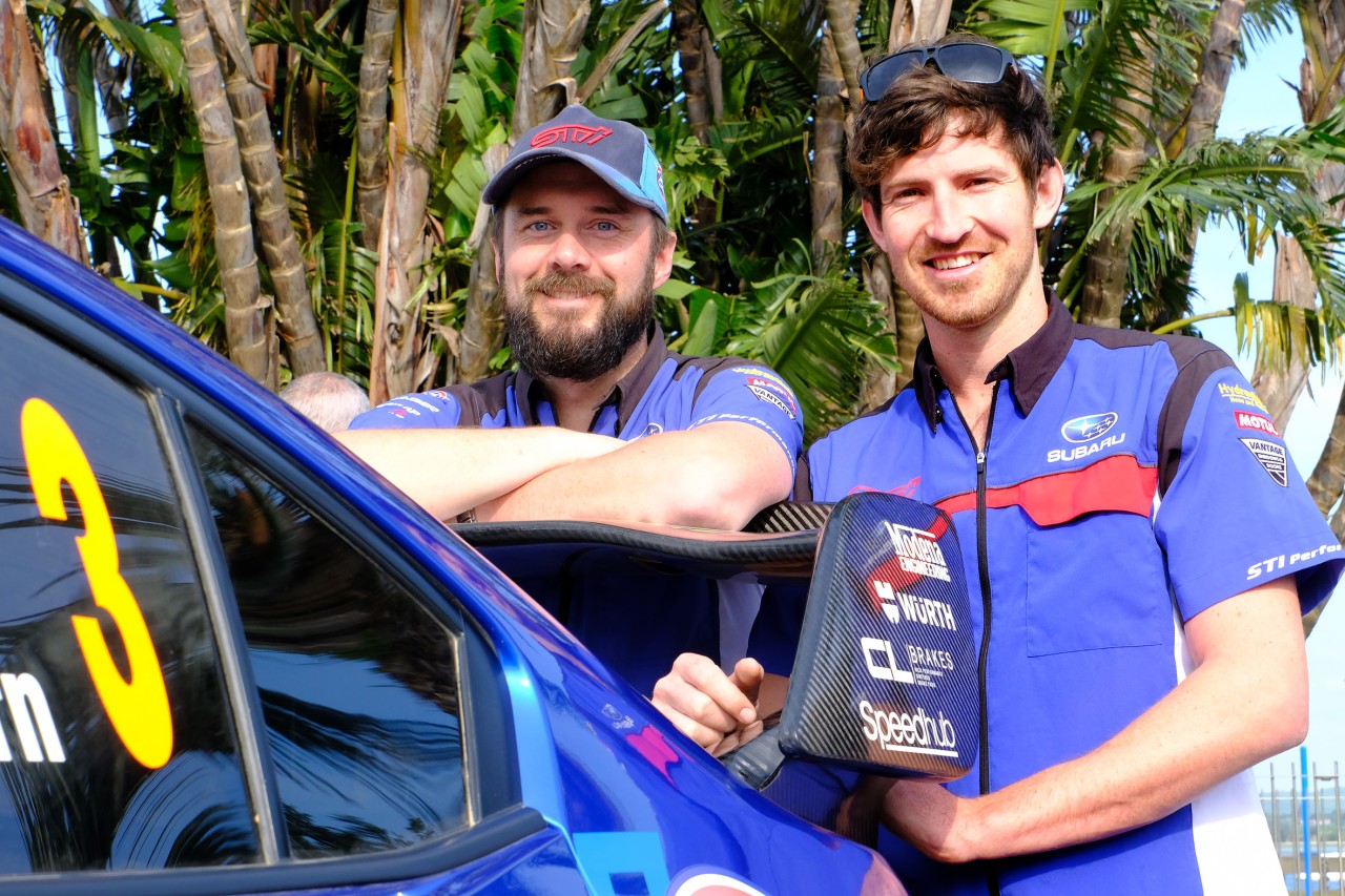 Co-driver Tony Rawstorn (left) and Ben Hunt with the Subaru WRX STi. PHOTO: GEOFF RIDDER