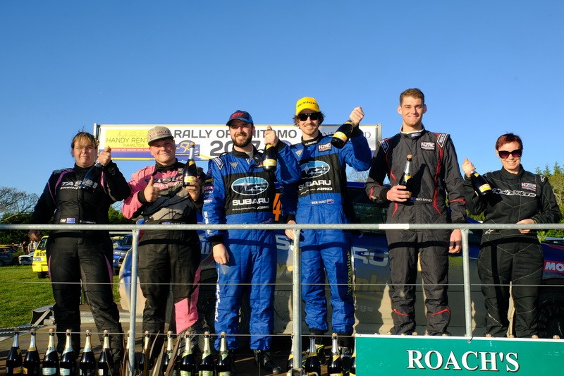 Subaru driver Ben Hunt and co-driver Tony Rawstorn on the podium as winners of the 2017 Waitomo Rally. PHOTO: GEOFF RIDDER