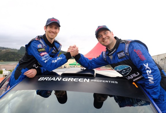 Ben Hunt and his co-driver Tony Rawstorn (right) celebrate winning the Brian Green New Zealand Property Group New Zealand Rally Championship today. PHOTO: GEOFF RIDDER.